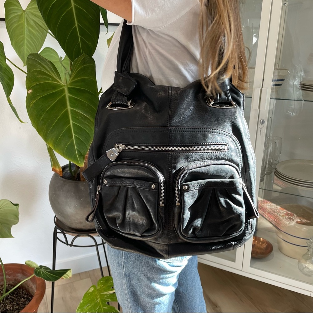 B. Makowsky Black Leather Front Pocket Zipper Shoulder Bag